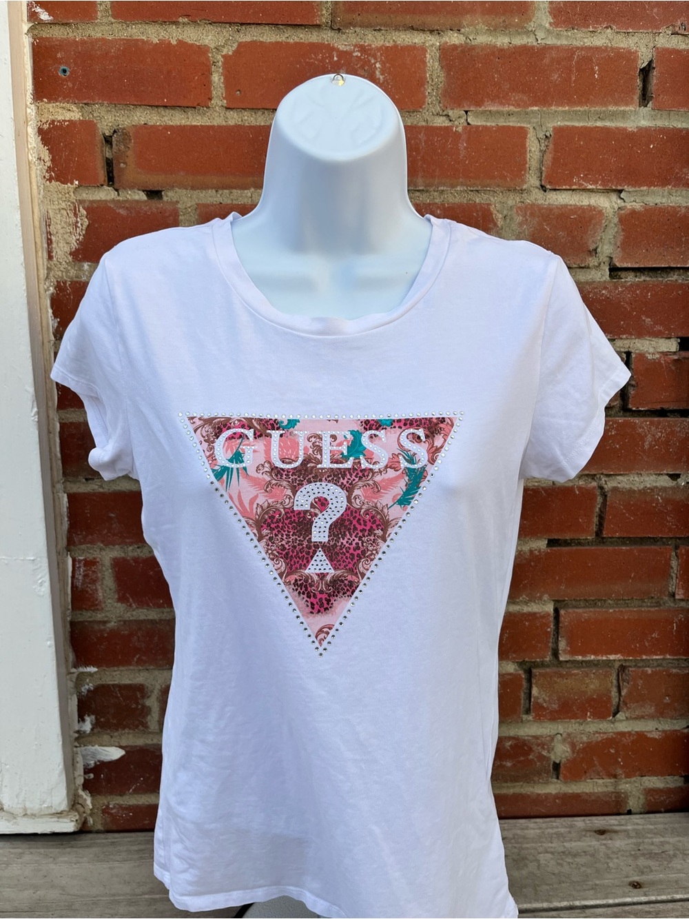GUESS White Tee with Pink Floral Triangle Logo